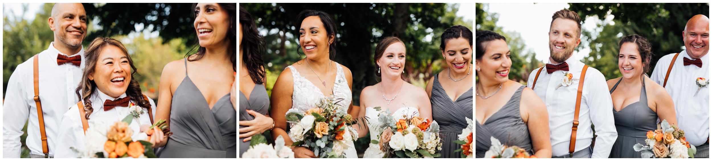 Wedding party portrait with two brides and bridesmaids at New England Botanic Garden at Tower Hill in Massachusetts